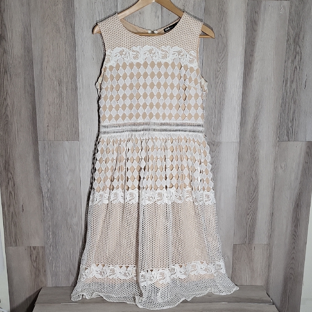 Ina Beige Dress with White Lace Overlay